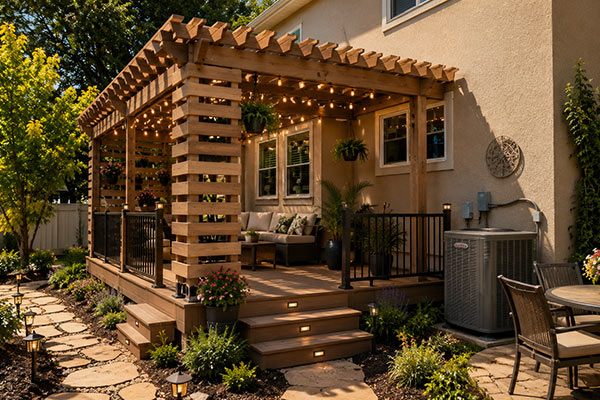 Cozy backyard patio with pergola lighting