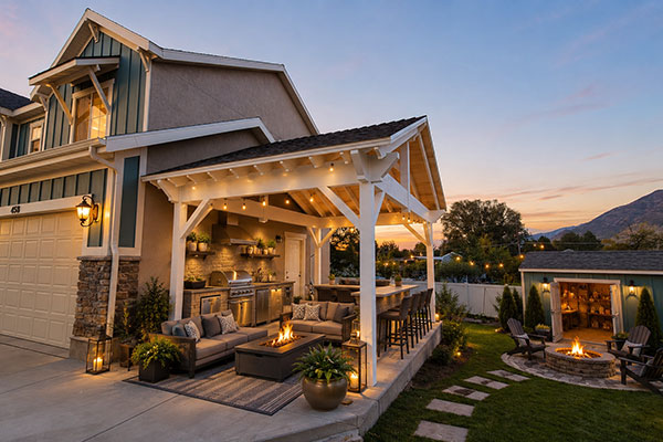 Cozy dusk backyard with mountain view