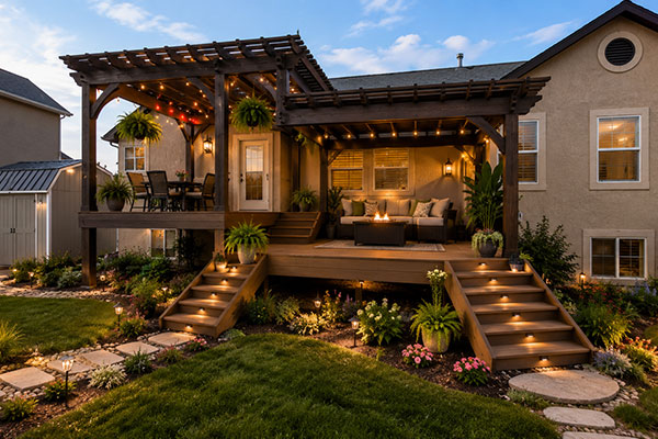 Cozy evening backyard retreat with pergola