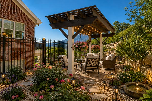 Cozy garden patio with pergola
