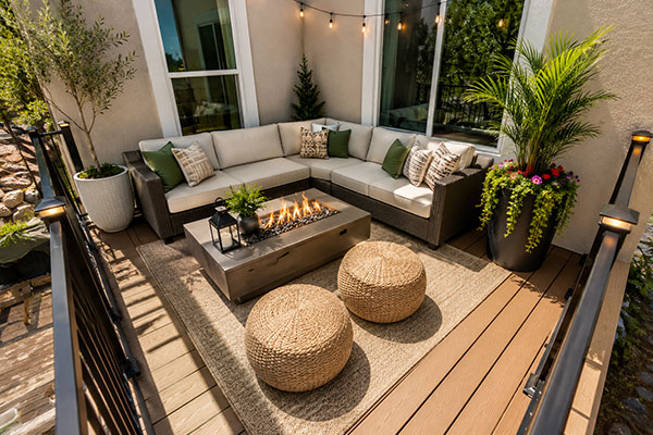 Cozy sunlit balcony lounge area
