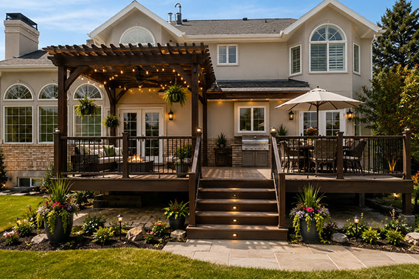 Elegant suburban backyard with pergola seating