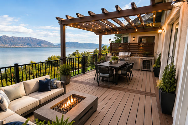 Lakeside luxury patio with serene views