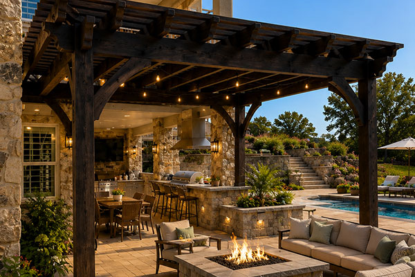 Luxurious backyard patio at sunset