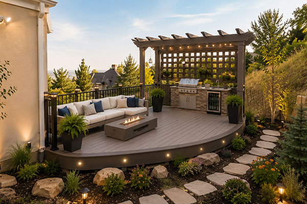 Modern backyard patio at golden hour