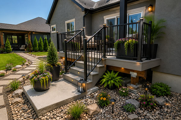 Sunny backyard with modern deck and plants
