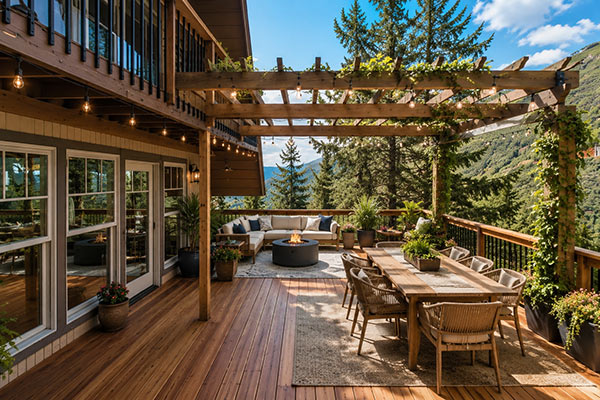 Sunny deck with mountain view and greenery
