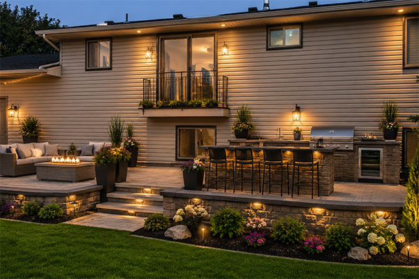 Backyard inner Cozy suburban backyard at dusk