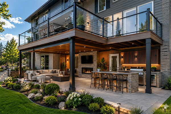 Covered inner Modern luxury backyard retreat in daylight
