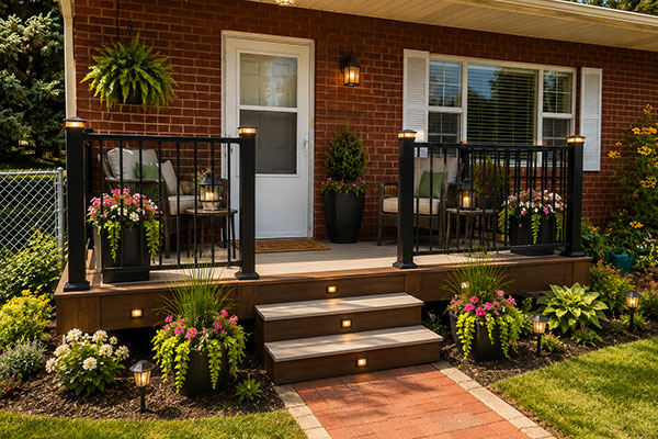 Cozy front porch with blooming garden