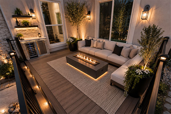 Cozy modern deck at dusk
