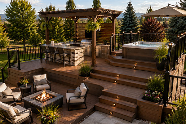 Cozy multi level deck with outdoor features