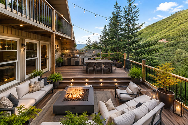 Cozy rustic deck with mountain view