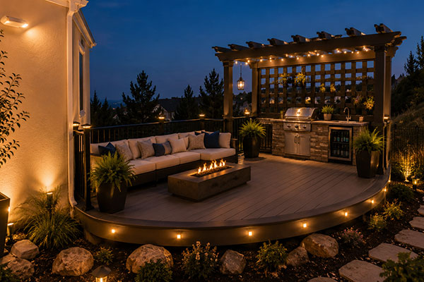 Cozy twilight patio with outdoor kitchen