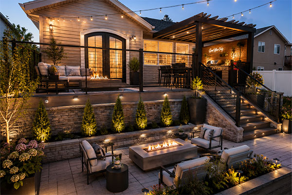 Cozy upscale backyard at twilight
