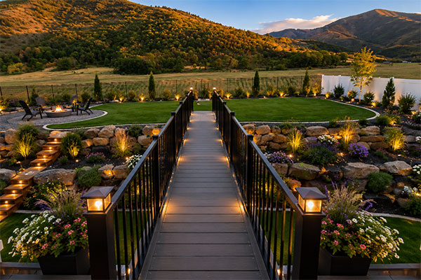 Deck Remodeling inner Golden hour garden walkway with serene views