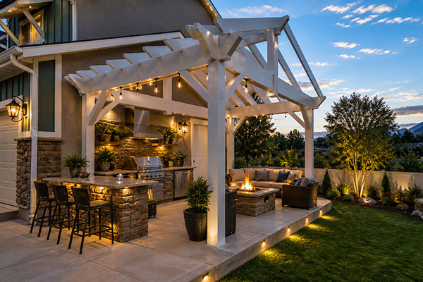 Luxurious backyard patio at dusk