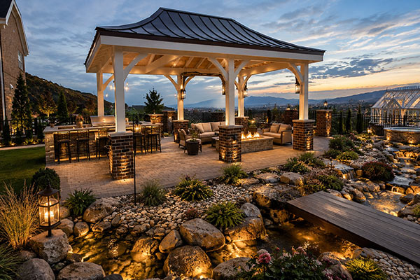 Luxurious backyard retreat at sunset