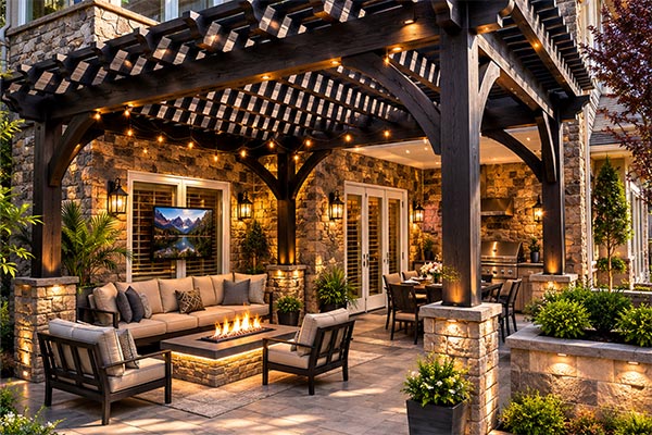 Luxurious outdoor patio in warm light