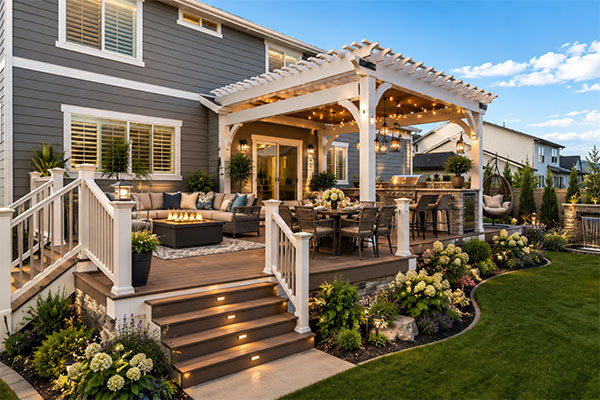 Luxury Outdoor inner Modern suburban backyard with outdoor living