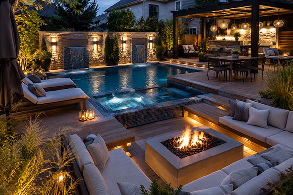 Luxury backyard oasis at twilight