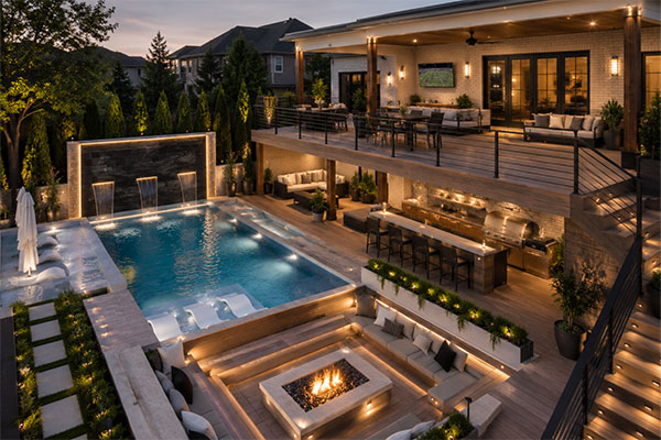 Luxury backyard retreat at dusk