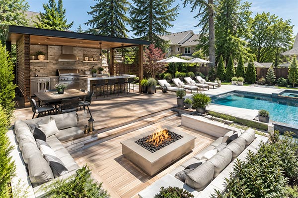 Luxury suburban patio with pool view