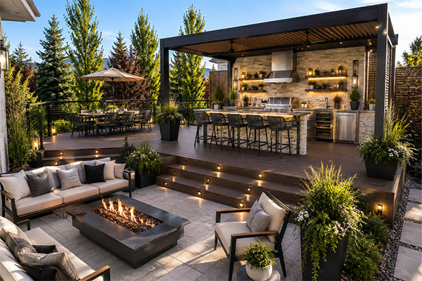 Modern backyard patio with fire pit