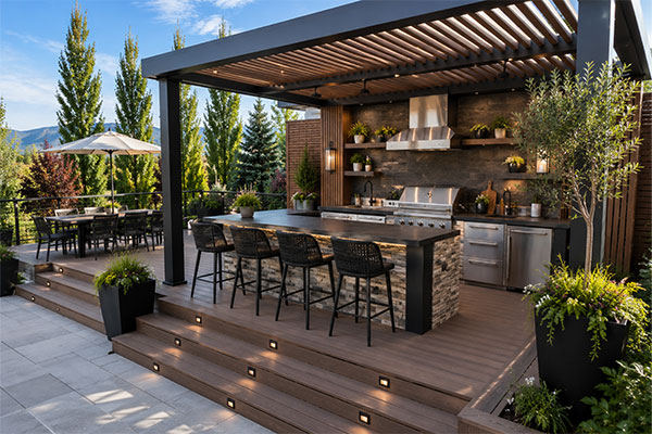 Modern backyard patio with outdoor kitchen