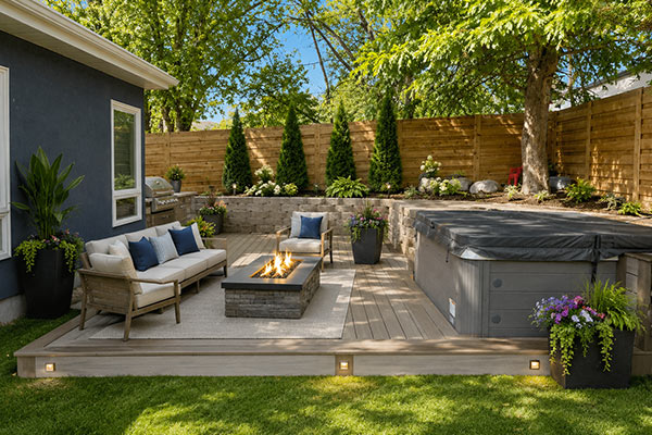 Modern backyard retreat with hot tub