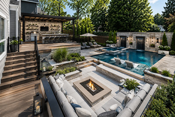 Modern luxury backyard oasis with pool