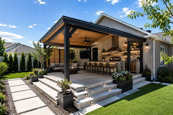 Modern outdoor kitchen and lounge space