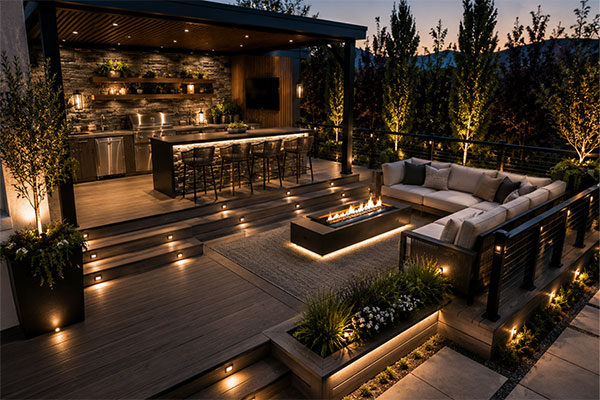 Modern outdoor oasis at twilight