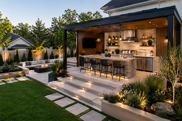 Modern outdoor oasis with fire pit
