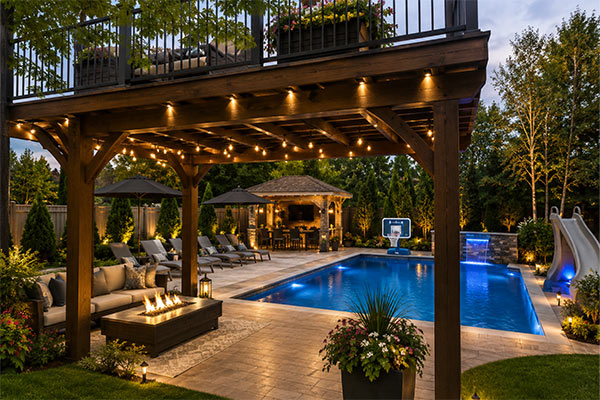 Pool Deck inner Cozy luxe backyard patio and pool