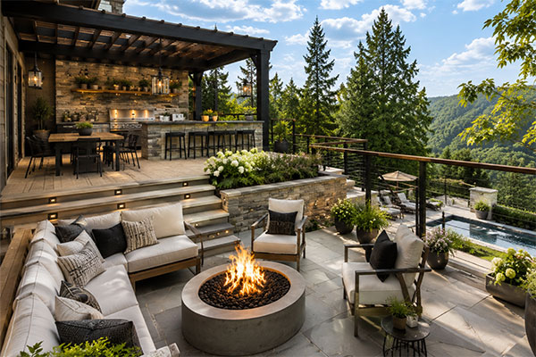 Scenic hillside patio with modern rustic design