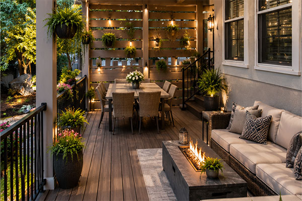 Service Areas inner Cozy modern patio with brilliant lighting
