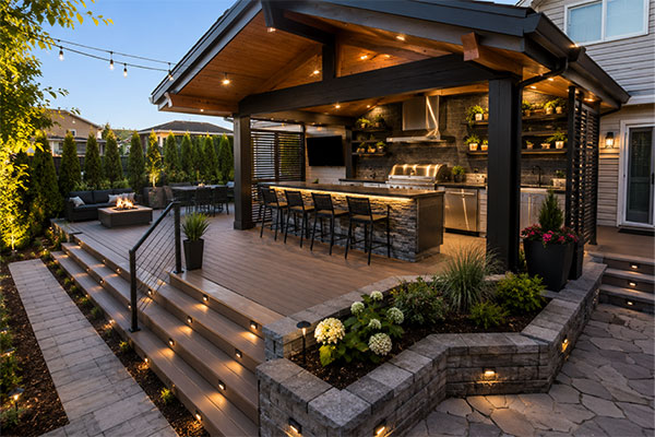 Stylish sunset backyard with outdoor kitchen