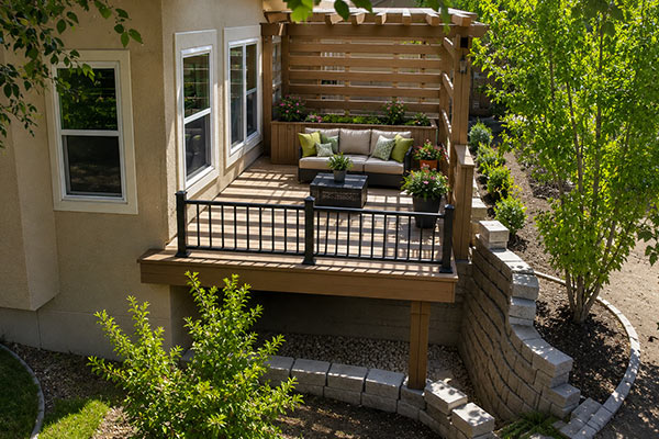 Sunny backyard deck with pergola and plants