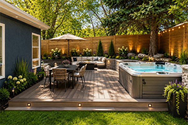 Sunny backyard with deck and hot tub