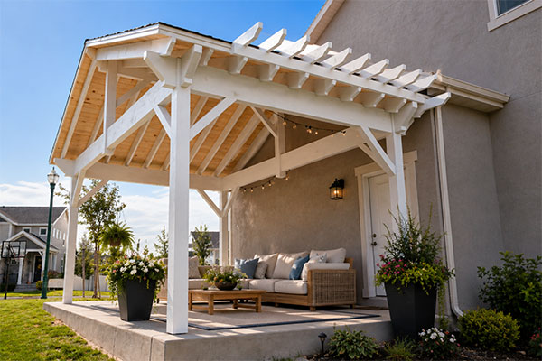 Sunny suburban patio with cozy seating