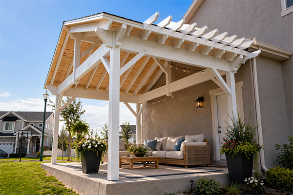 Sunny suburban patio with cozy seating